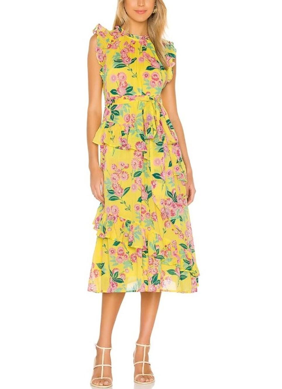 Banjanan Bella Midi Dress Yellow Aurora Print Ruffle Cotton Tie Waist Tuckernuck